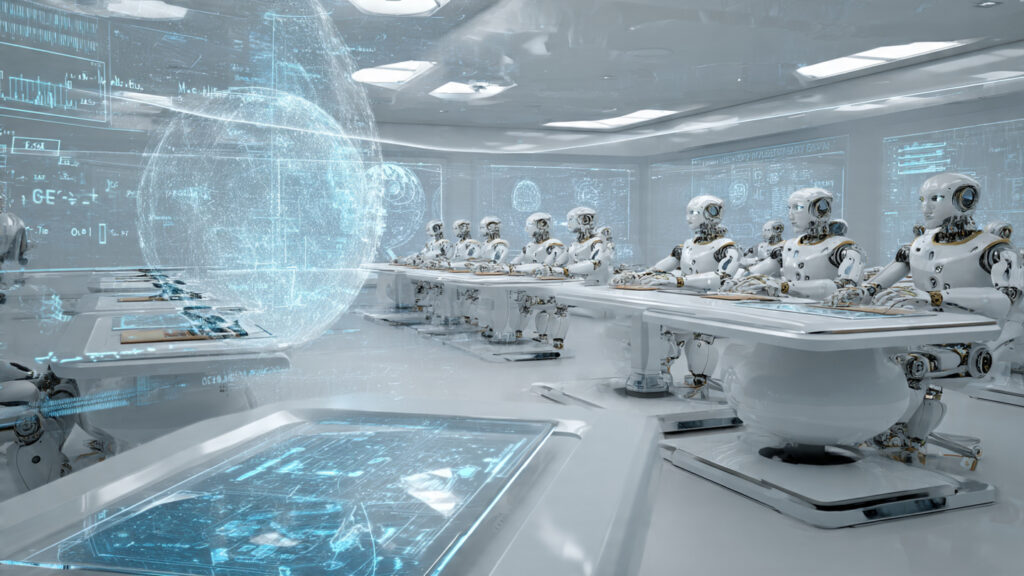 a futuristic classroom style environment where an 