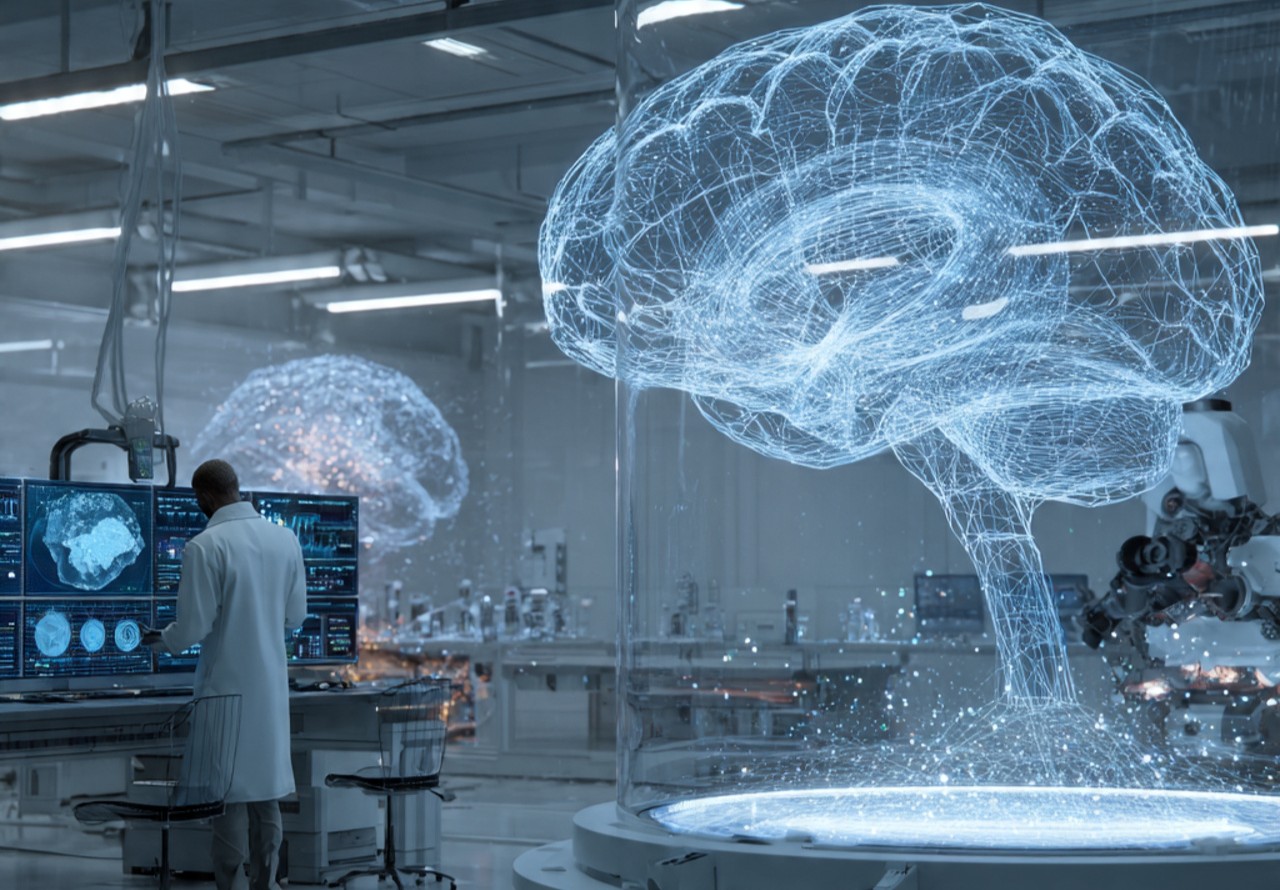 a realistic futuristic research lab showing a huma