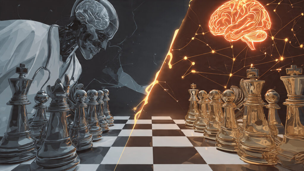 a split scene conceptual illustration showing narr