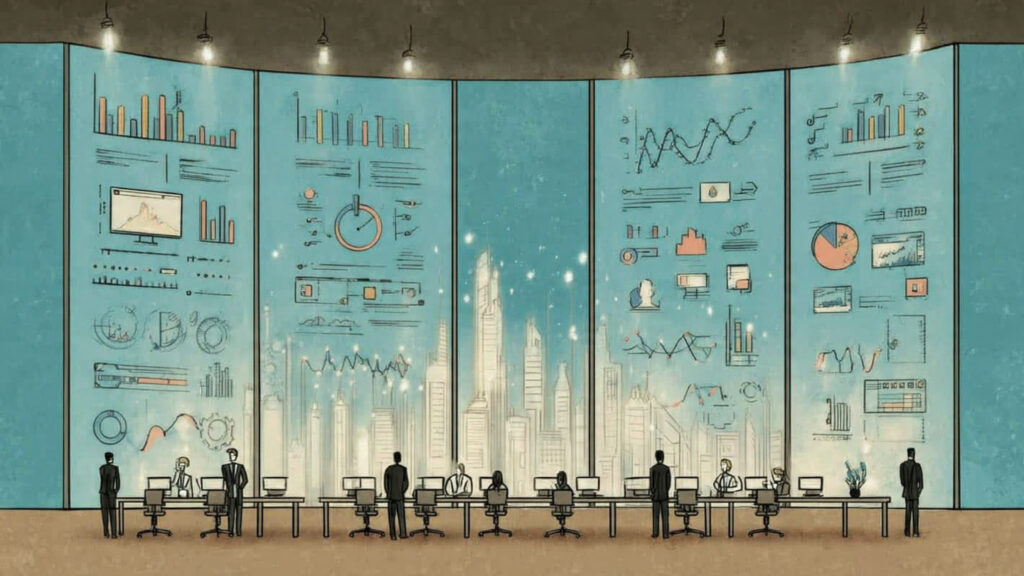 corporate boardroom with ai powered search dashboa