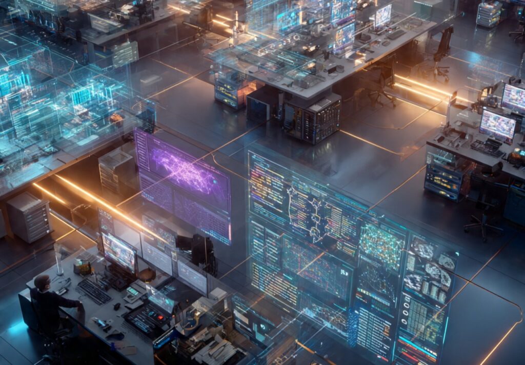 futuristic software engineering workspace showing 