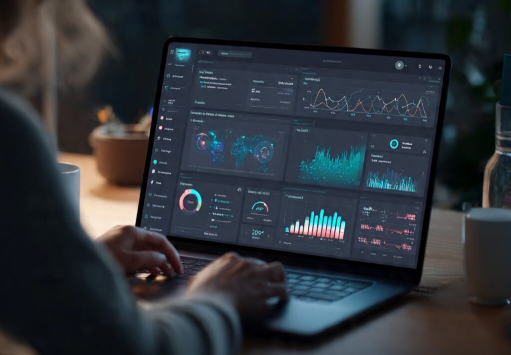 student working on a laptop creating a blog with a