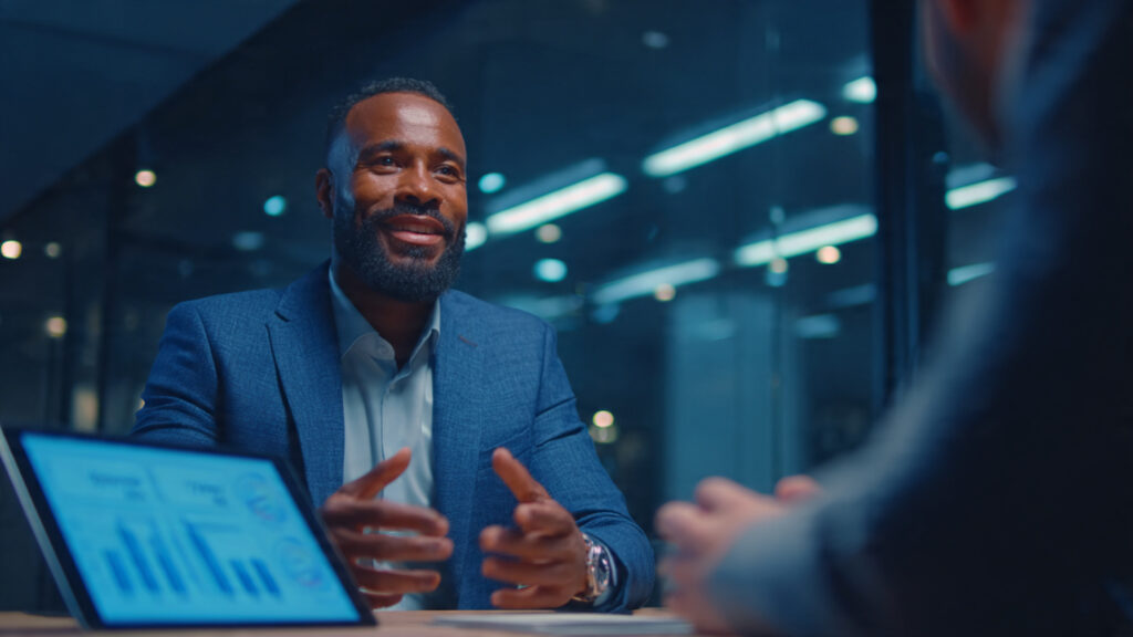 a business owner confidently negotiating with suppliers