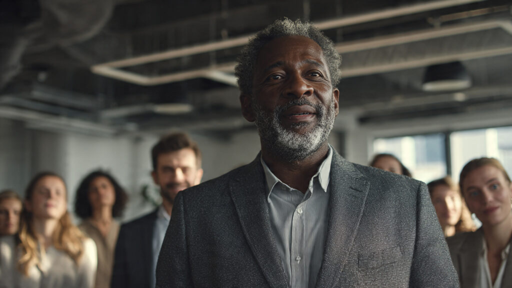 a composed leader addressing their organization during