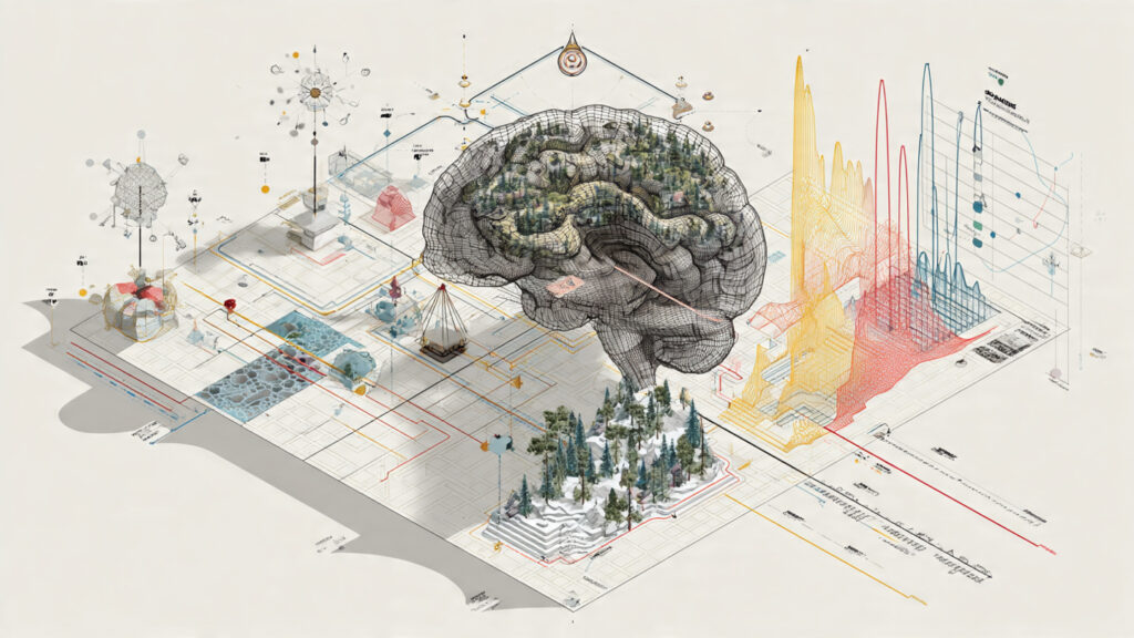 a conceptual but technical illustration showing language