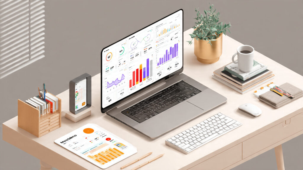 a desk with laptop showing multiple income