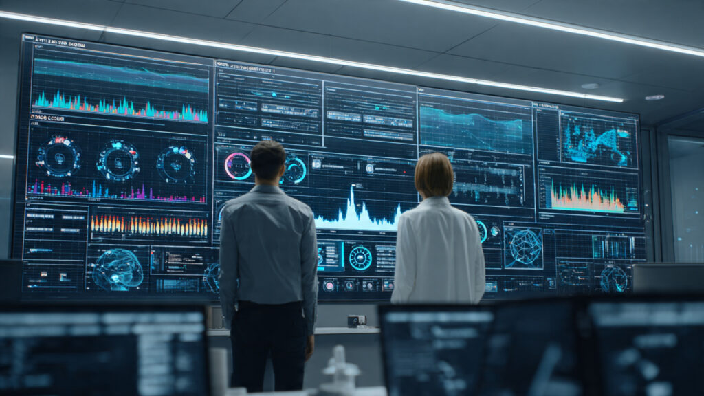 a futuristic data control room with large