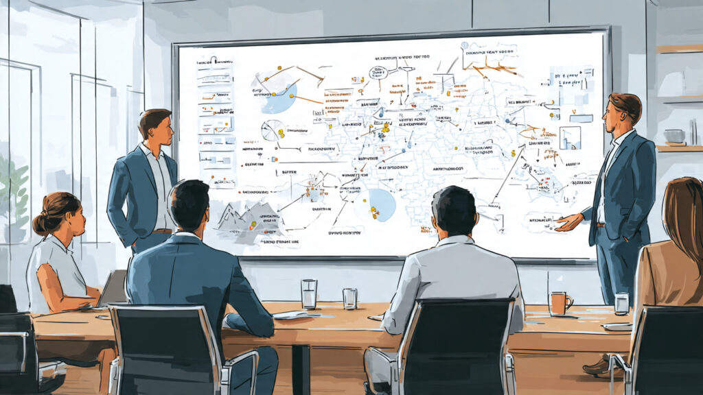 a leadership team reviewing a strategy map