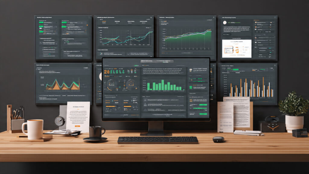 a modern enterprise workspace with dashboards showing