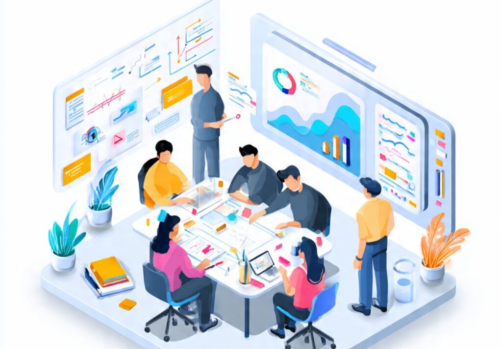 a modern professional illustration showing a team