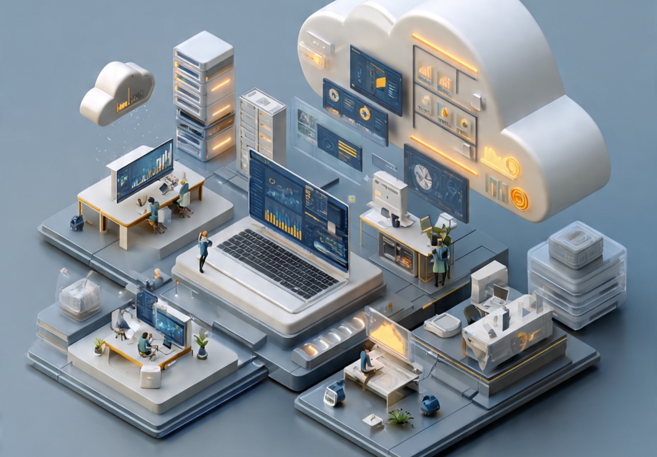 a modern software platform dashboard floating above