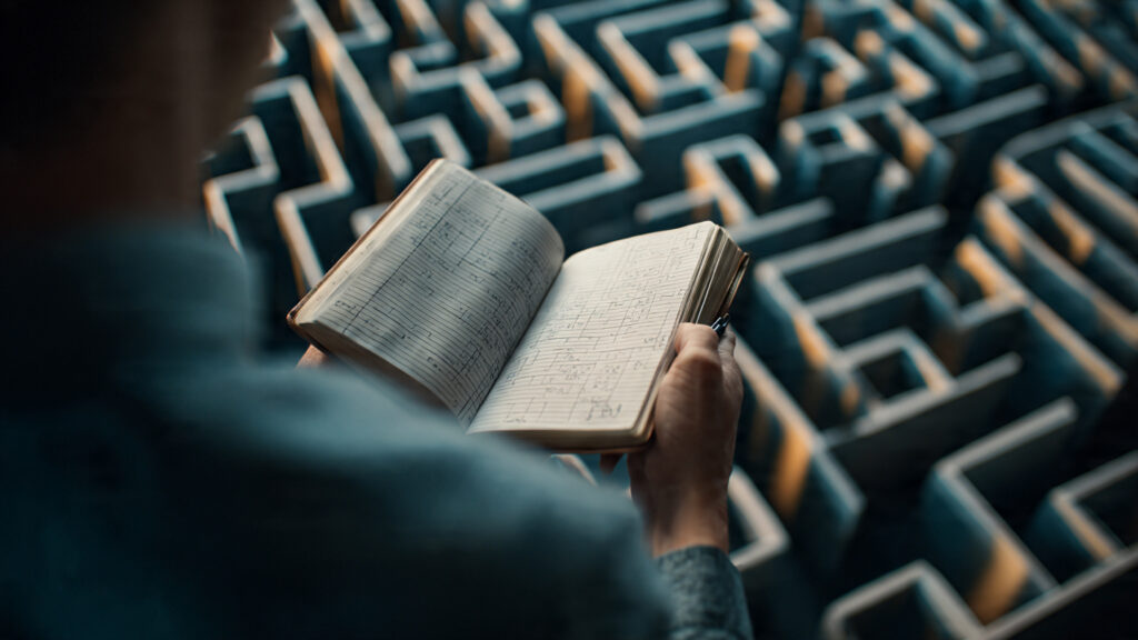 a person calmly analyzing a complex maze