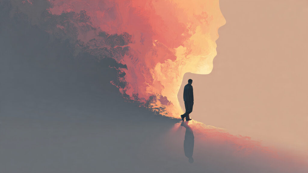 a person stepping calmly toward a shadowy