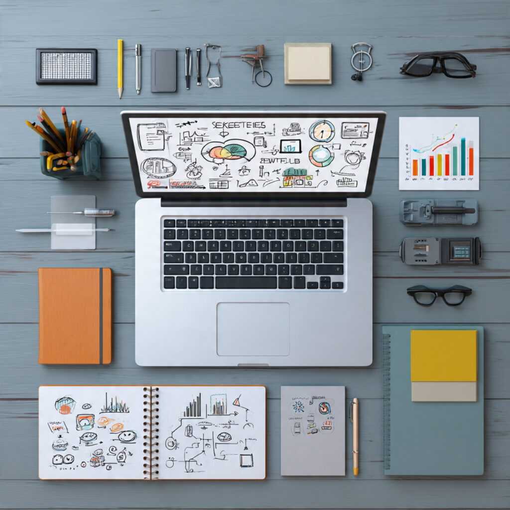 a professional workspace showing a laptop with