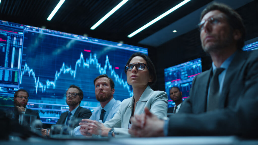 a realistic corporate crisis room with large