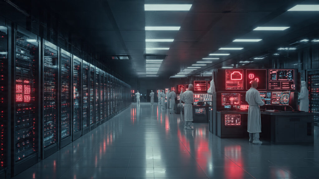 a realistic data center interior with rows