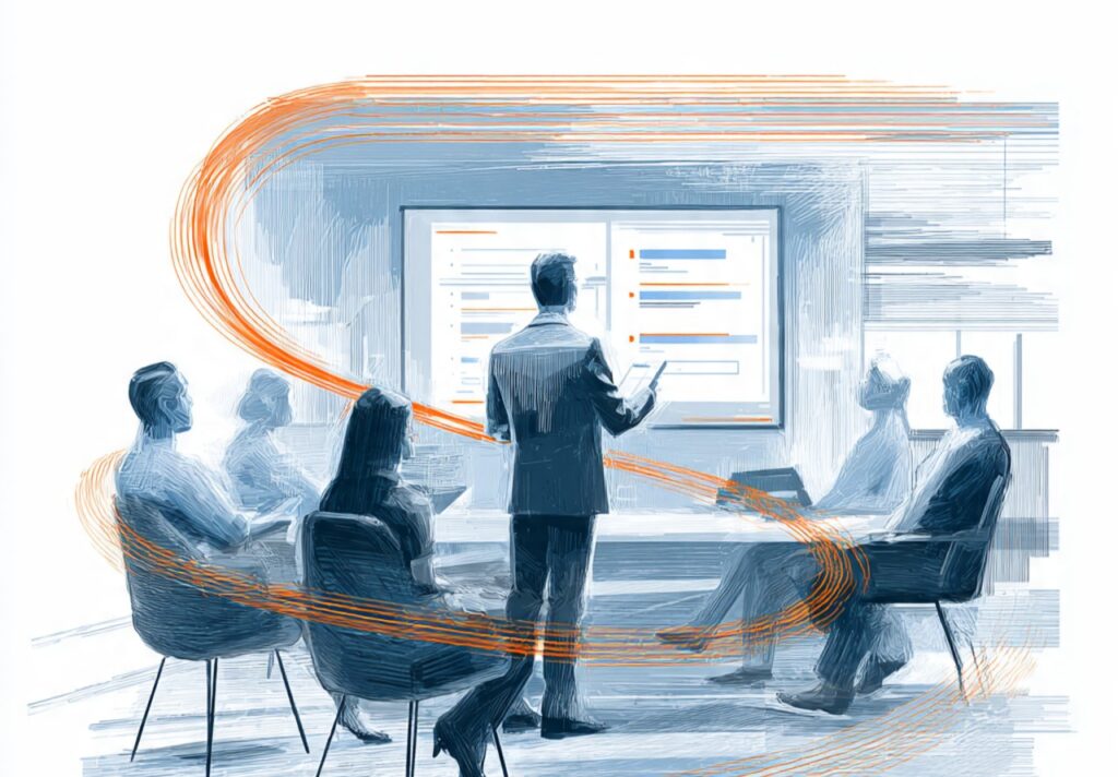 a realistic office scene where a leader