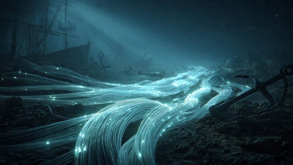 a realistic underwater scene showing fiber optic internet