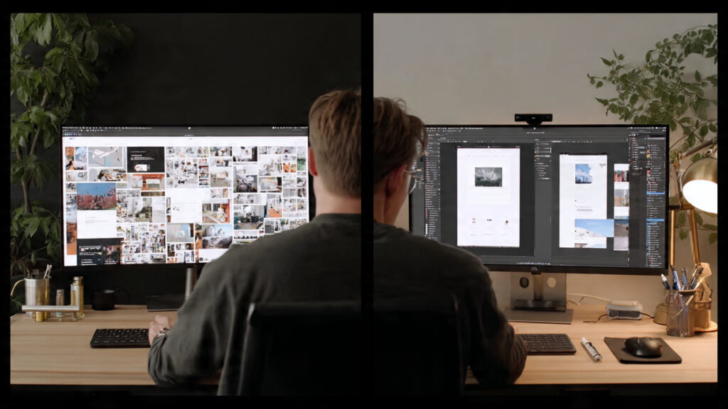 a side by side realistic workspace showing cluttered ai generated