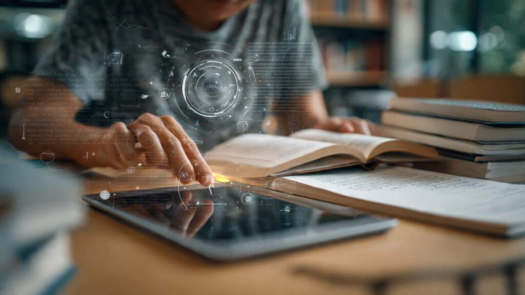 a student scanning handwritten notes and textbooks