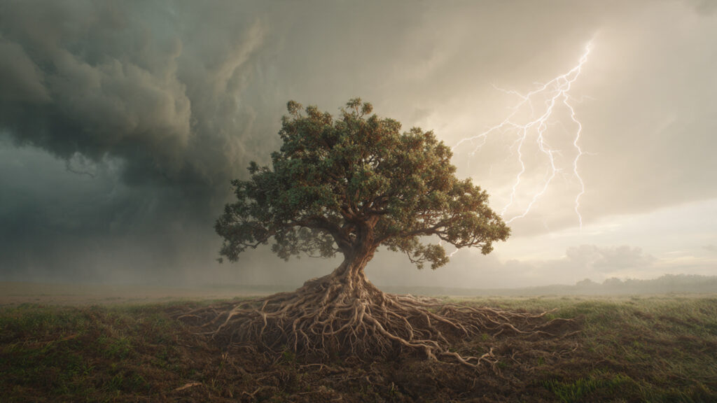 a tree growing stronger through storm winds