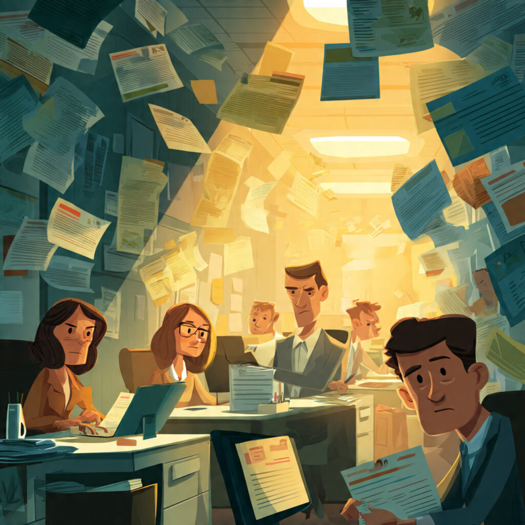 an office scene with employees overwhelmed by