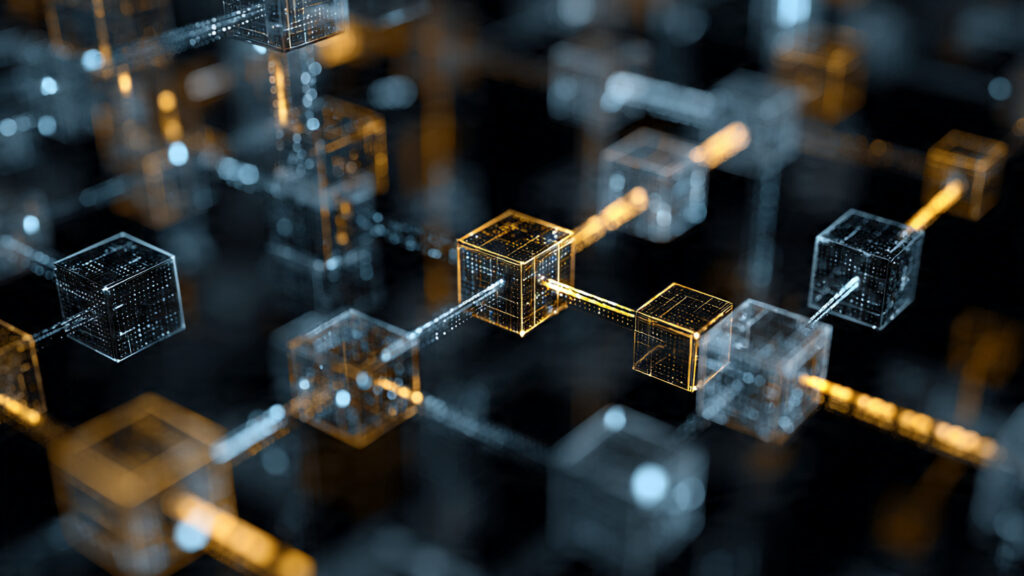 blockchain network visualization with interconnected nodes and