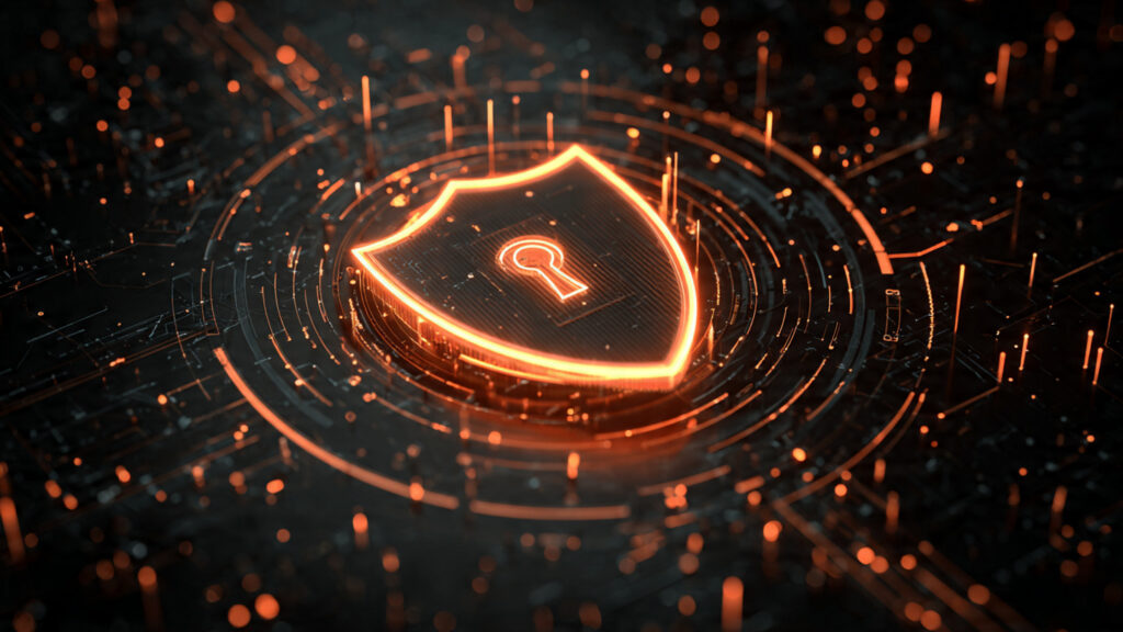 cybersecurity shield protecting digital data glowing locks