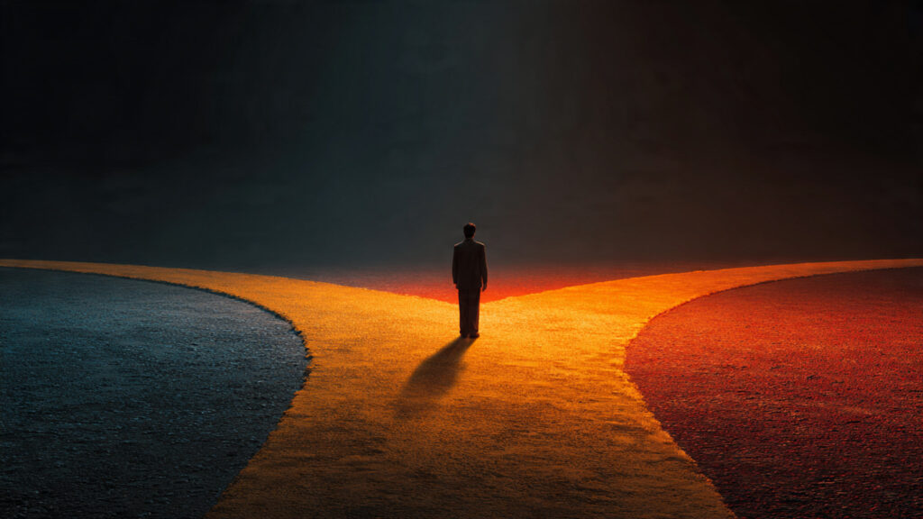 founder staring at two diverging paths one