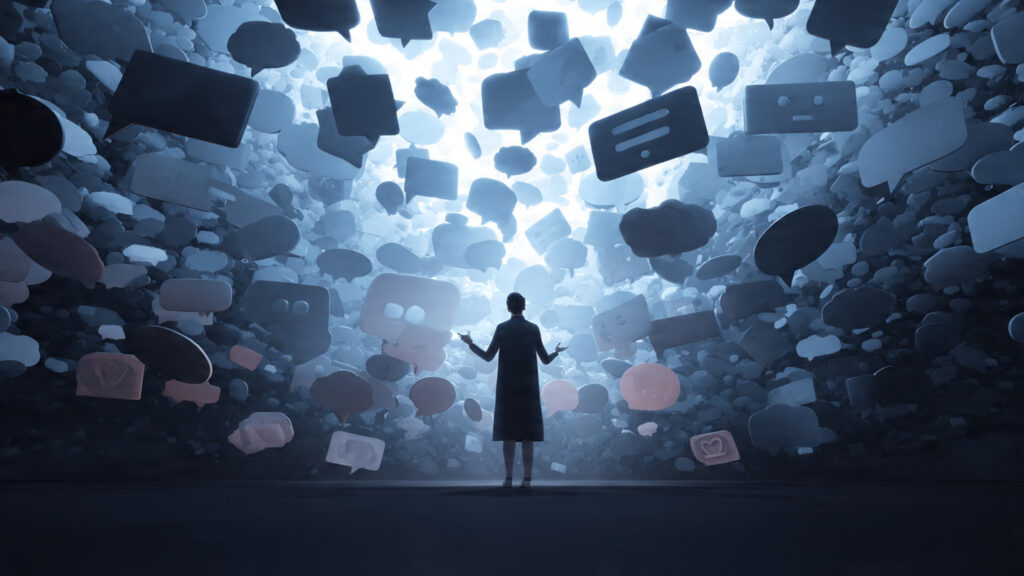 founder surrounded by floating speech bubbles from