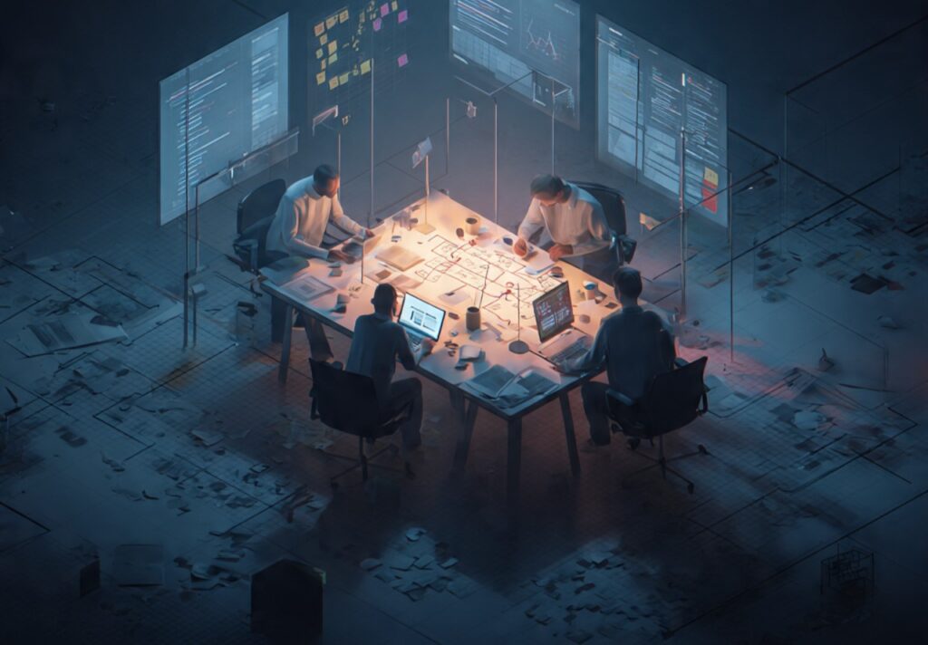 futuristic startup office late at night founders