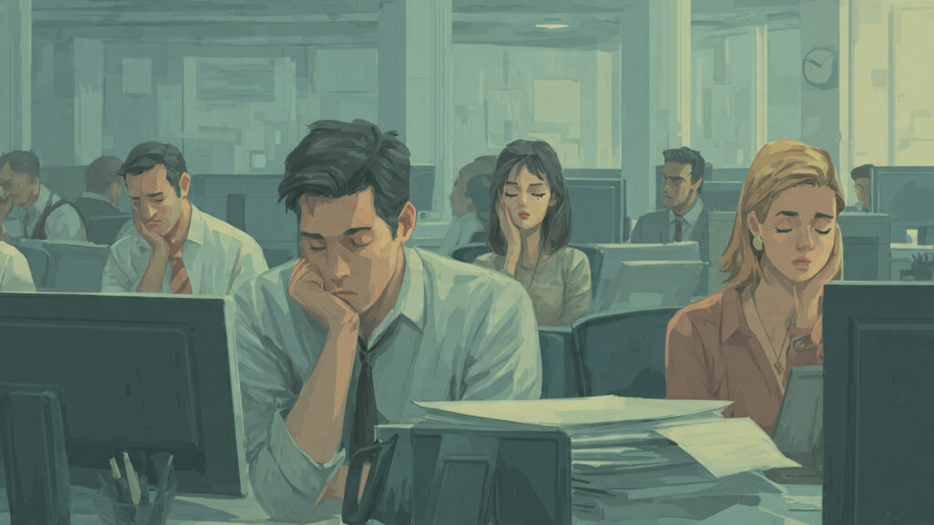 office with empty desks low energy employees some