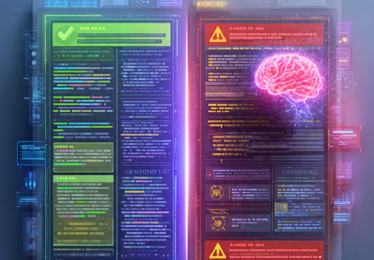 professional split screen illustration showing ai language model