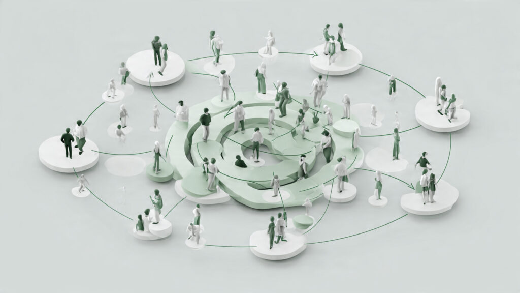 returning customers represented by circular flows around