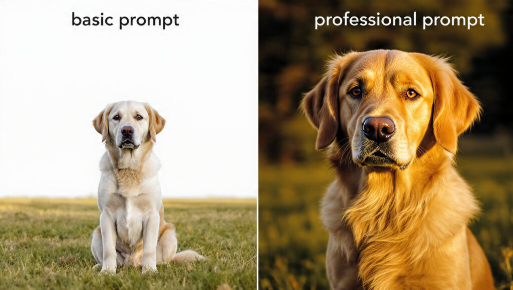 Comparison showing basic versus professional AI image generation prompts