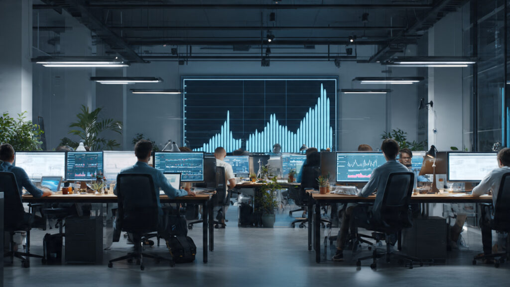 startup team extremely busy at desks multiple (2)