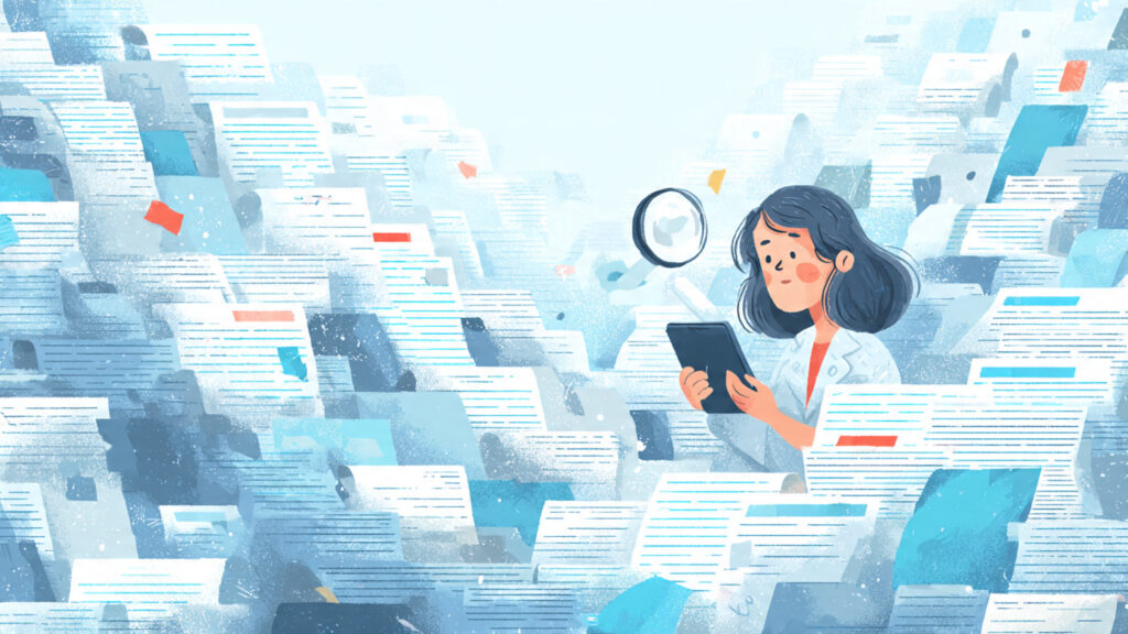 student searching through a massive pile of