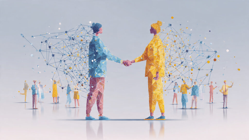 two businesses shaking hands digitally with their