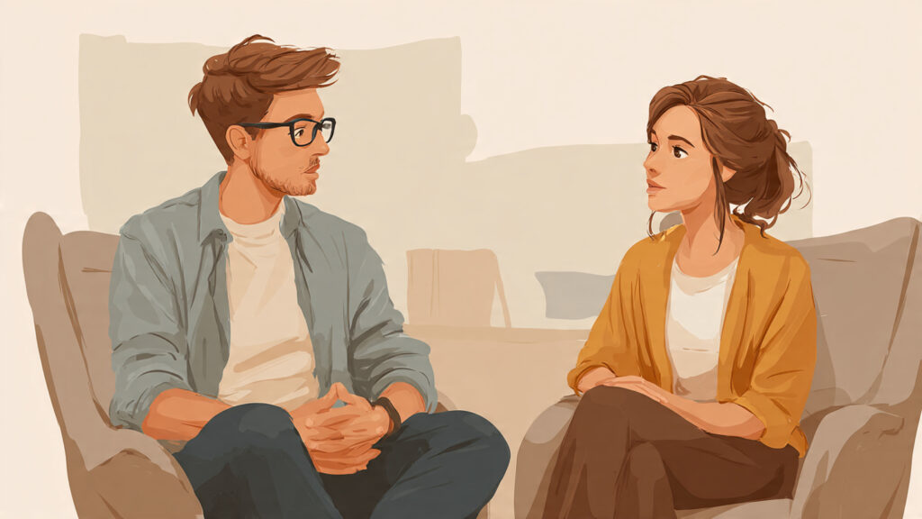 two young adults having a calm conversation