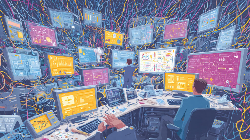 workspace filled with overlapping software dashboards complex