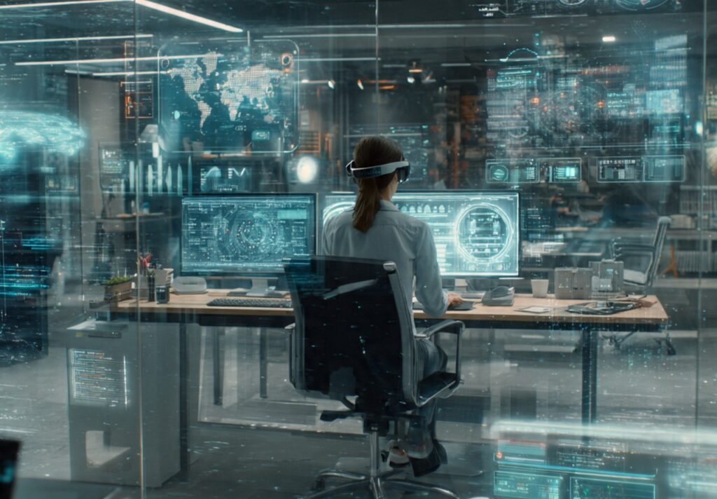 a futuristic professional workspace where digital