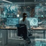 a futuristic professional workspace where digital