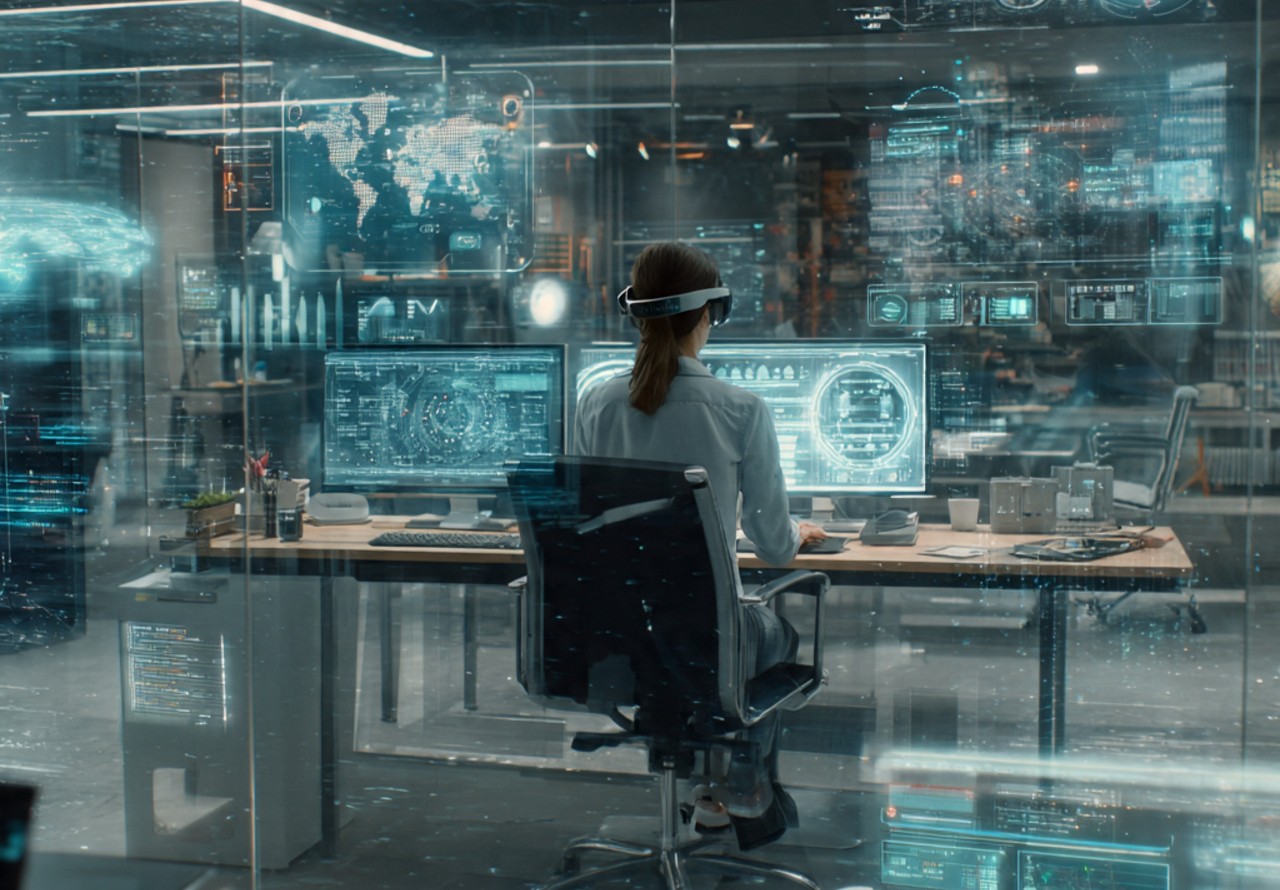 a futuristic professional workspace where digital 