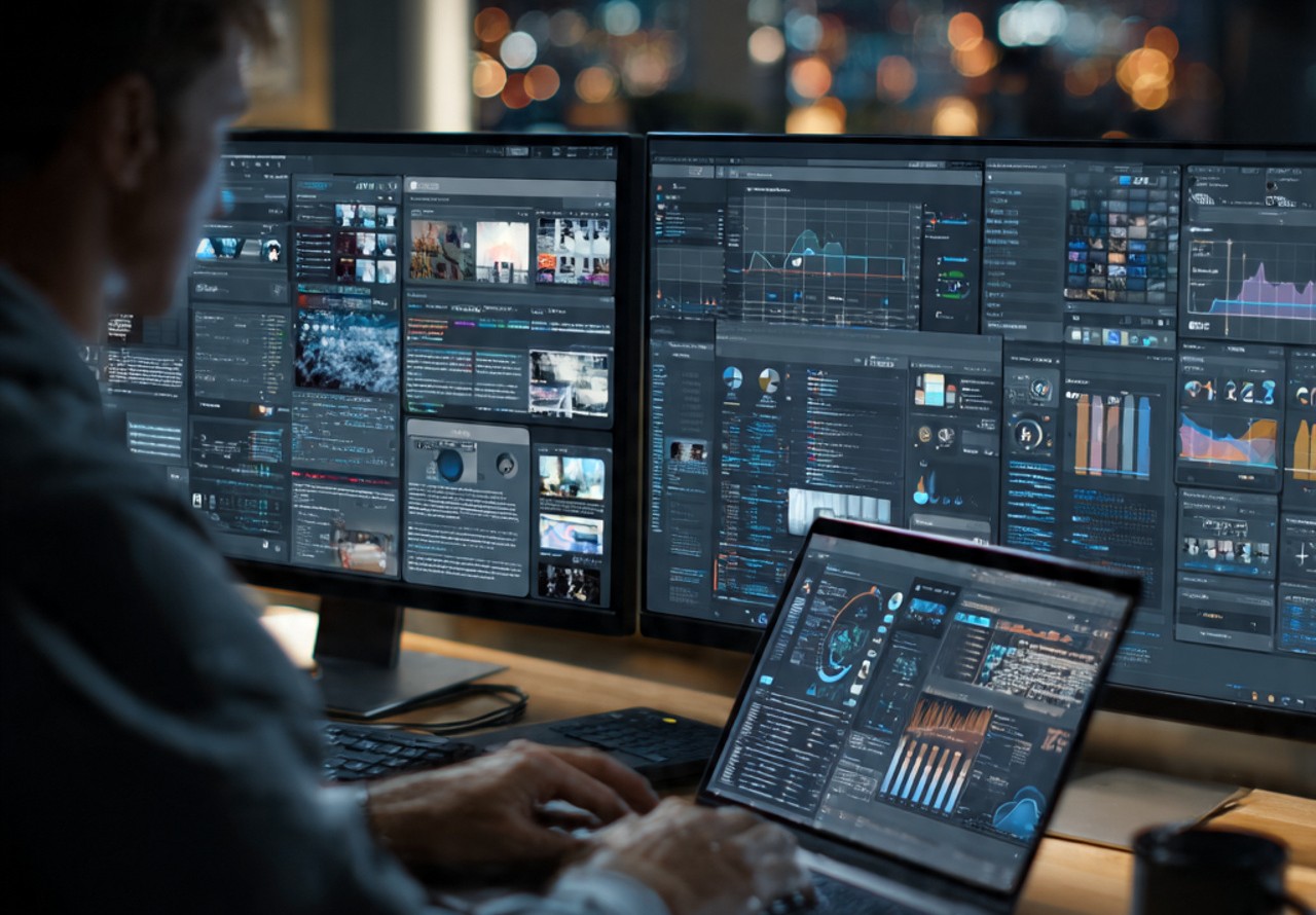 a highly realistic modern office workspace showing