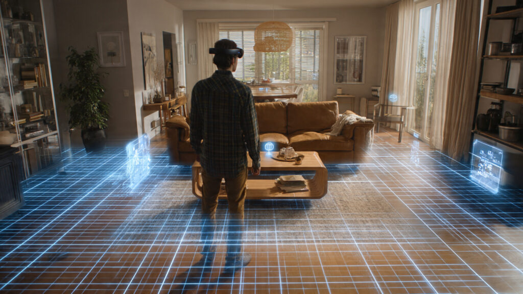 a person standing in a living room wearing ar glas