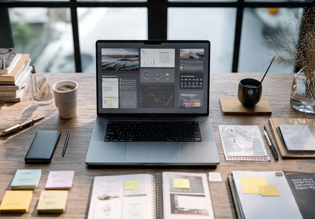 a realistic professional creator workspace showing