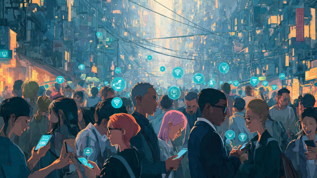 crowded urban street transitioning into a digital 