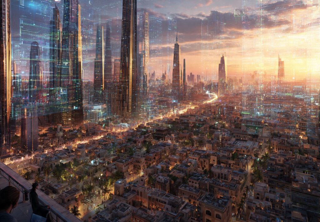 futuristic emerging market city blending modern sk