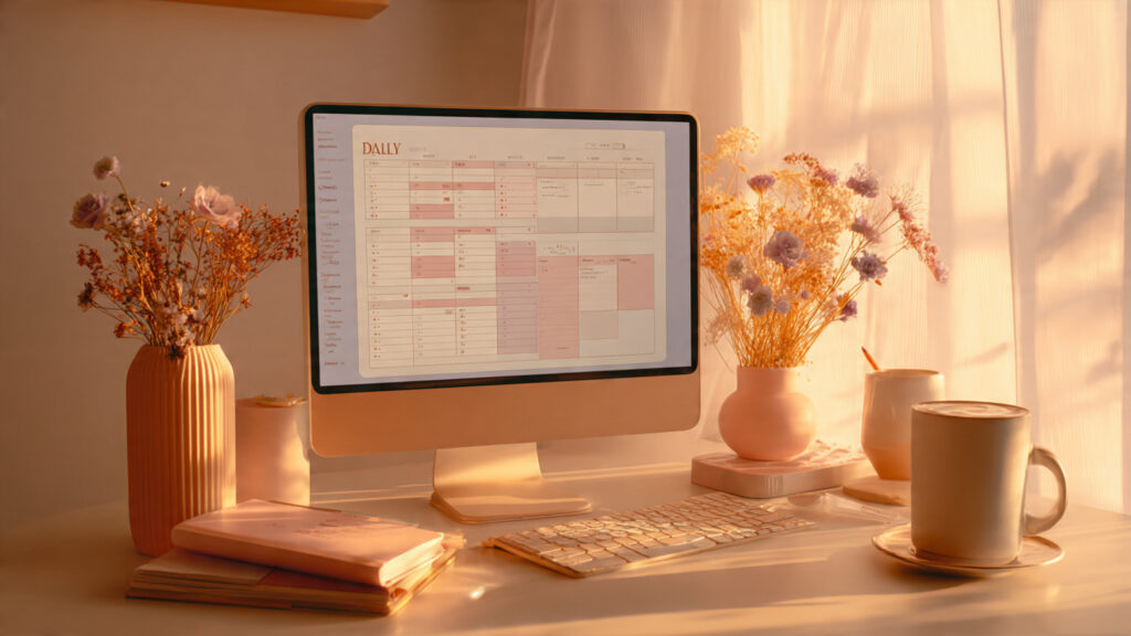 peaceful desk setup with daily planner on screen i