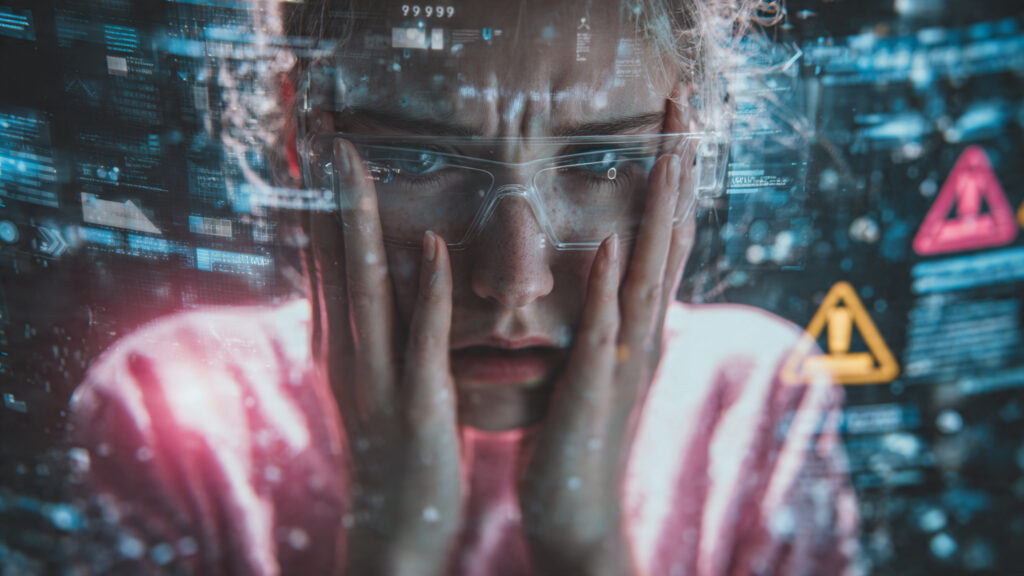 person overwhelmed by excessive digital overlays i